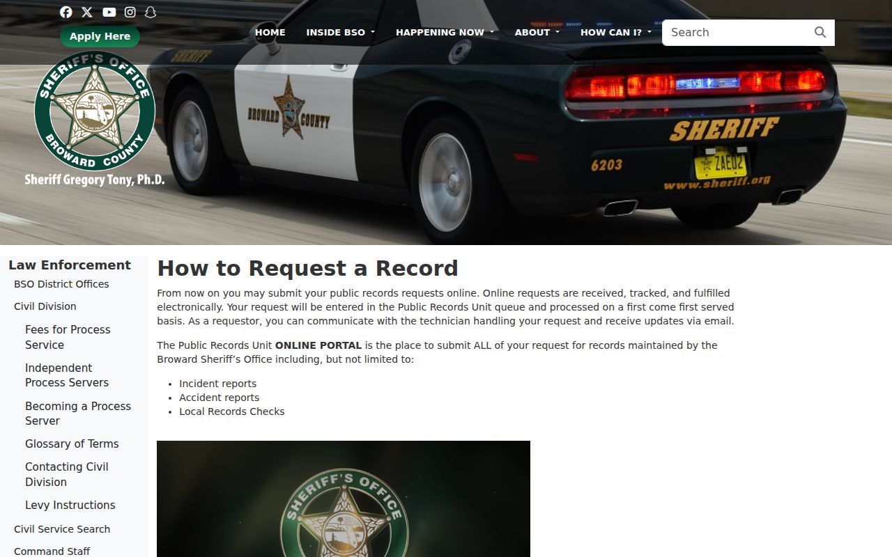 Broward County arrest records request page from the sheriff