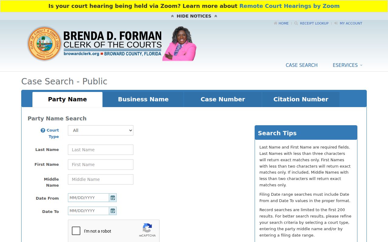 Broward Clerk criminal case search interface