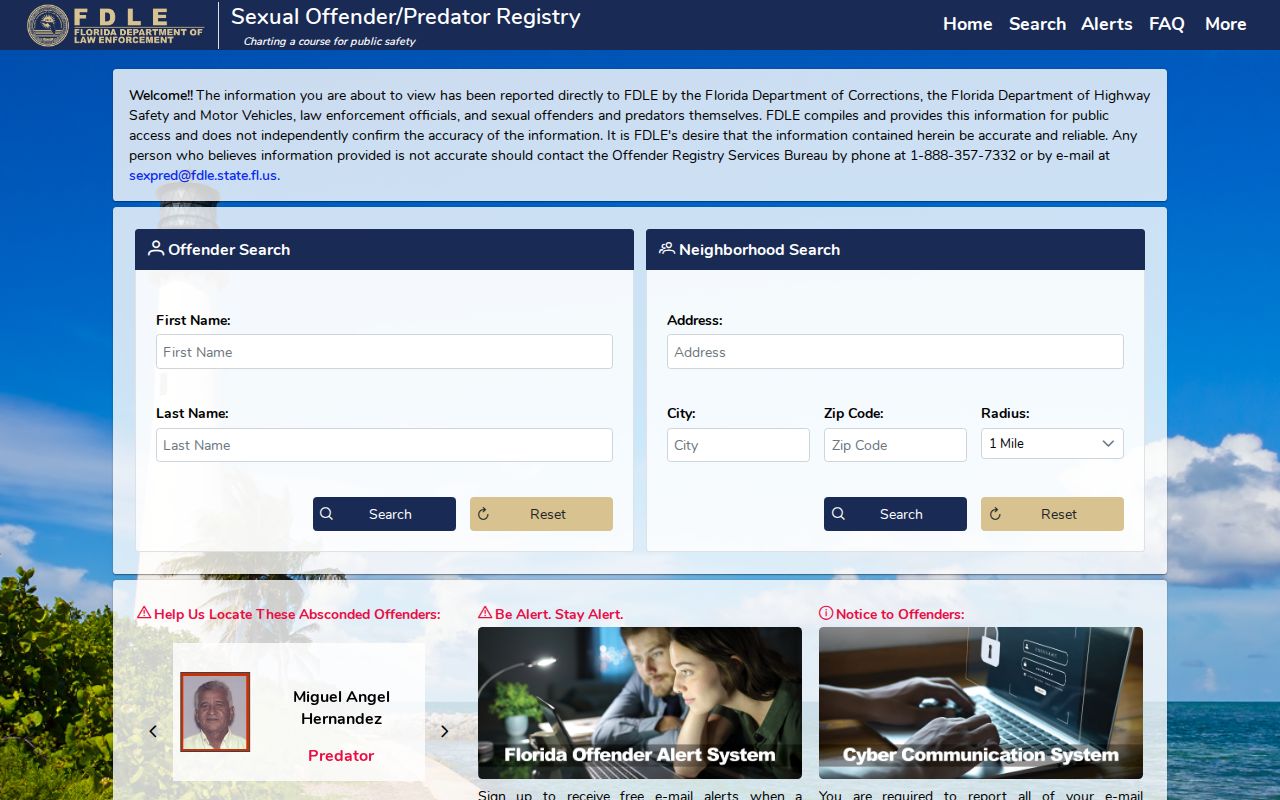 Broward County sex offender registry landing page and notices