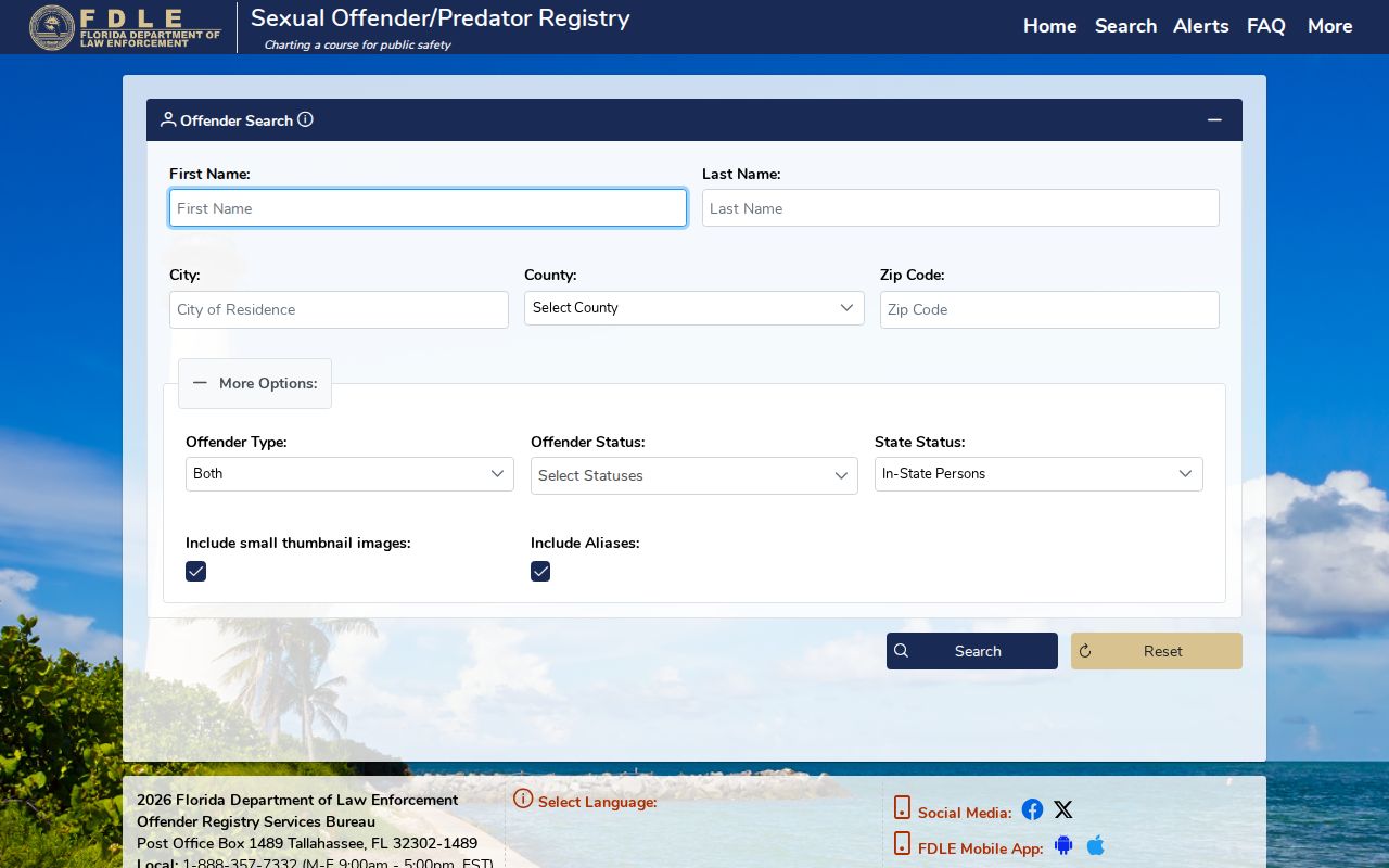 Broward County sex offender search fields on the Florida registry