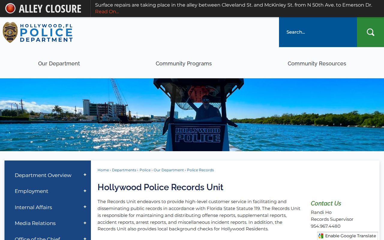 Hollywood Police Department criminal records information